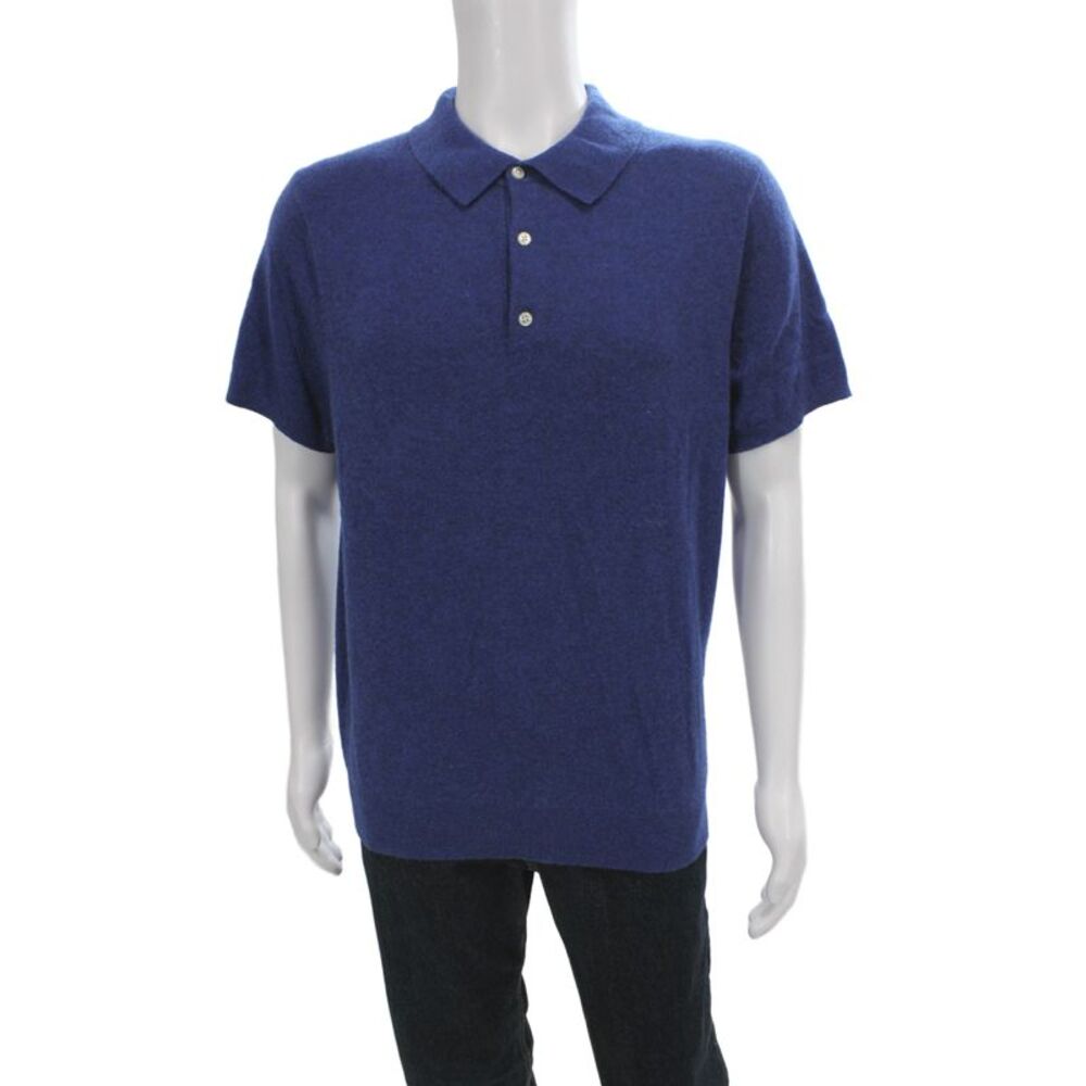 J Crew Mens Polo Shirt Blue 100% Cashmere Short Sleeve Collared Button Size L